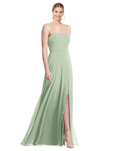 Sleek Spaghetti Straps Low Back Square Neck Maxi Chiffon Formal Dress UK