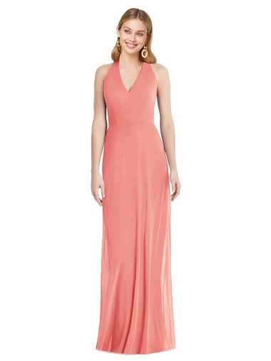 V-Neck Halter Chiffon Maxi Formal Dress Open Back UK