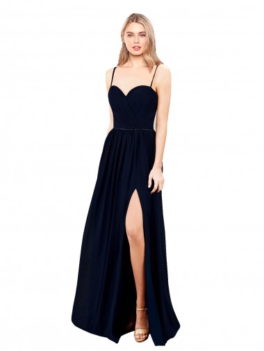 Draped A-Line Chiffon Formal Dress with Spaghetti Straps and High Slit UK