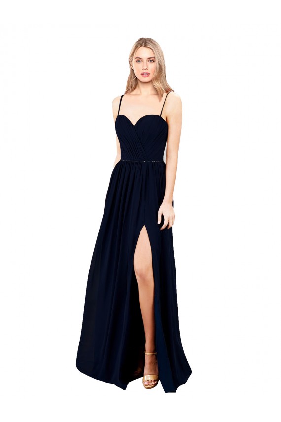 Draped A-Line Chiffon Formal Dress with Spaghetti Straps and High Slit UK