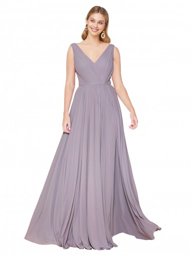Draped Floor Length High Neck V-Back Chiffon Formal Dress with Shirred Bodice UK