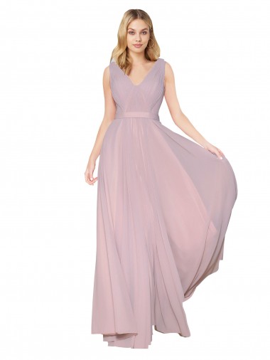 Draped V-Neck Long Chiffon Formal Dress with Shirred Bodice UK