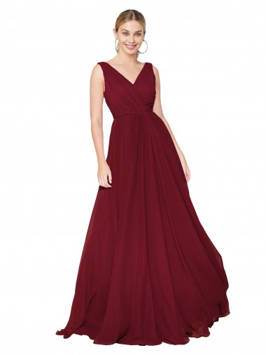 Draped A-Line V-Neck Floor Length Chiffon Formal Dress UK