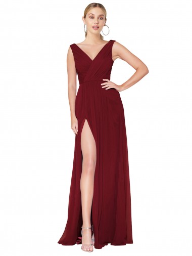 Draped Mermaid Long V-Neck Chiffon Formal Dress with High Slit UK