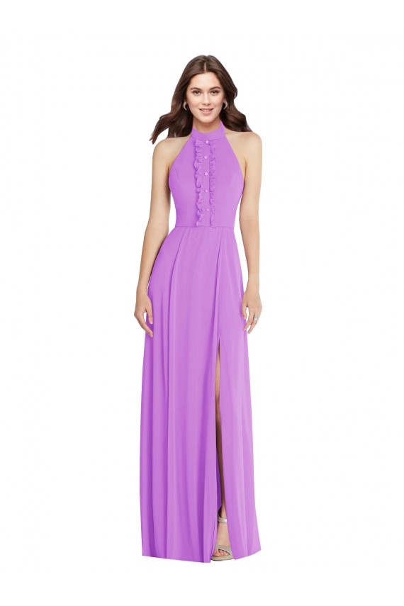 Halter Backless Maxi Formal Dress with Button Ruffle Placket UK