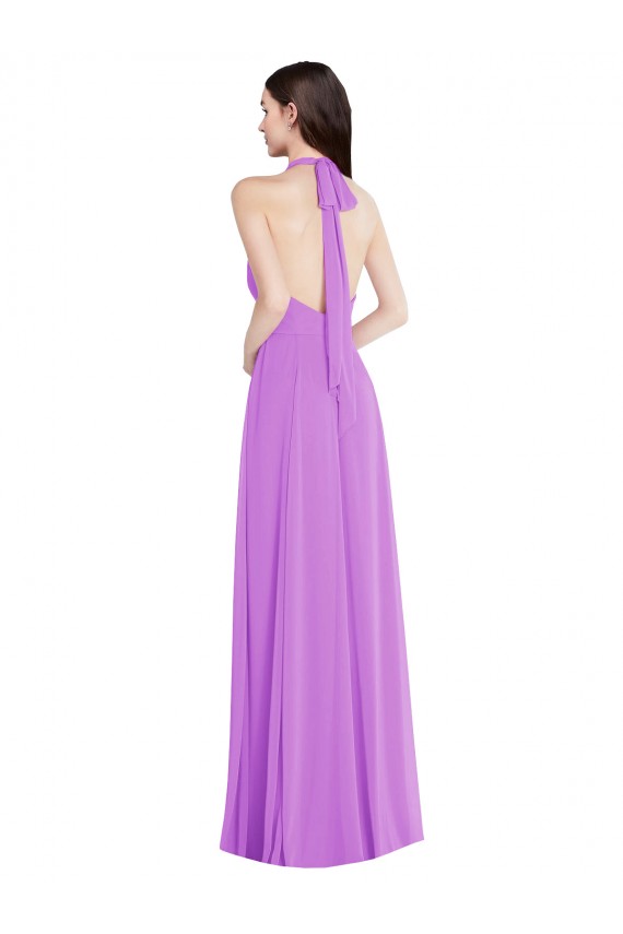 Halter Backless Maxi Formal Dress with Button Ruffle Placket UK