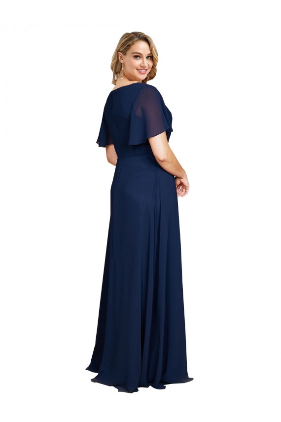 Chiffon V-Neck Short Sleeves Long Formal Dress with High Slit UK