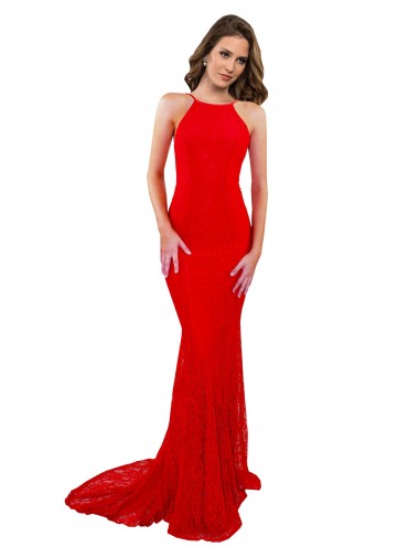 High Neck Long Lace Formal Dress with Open Back Straps UK