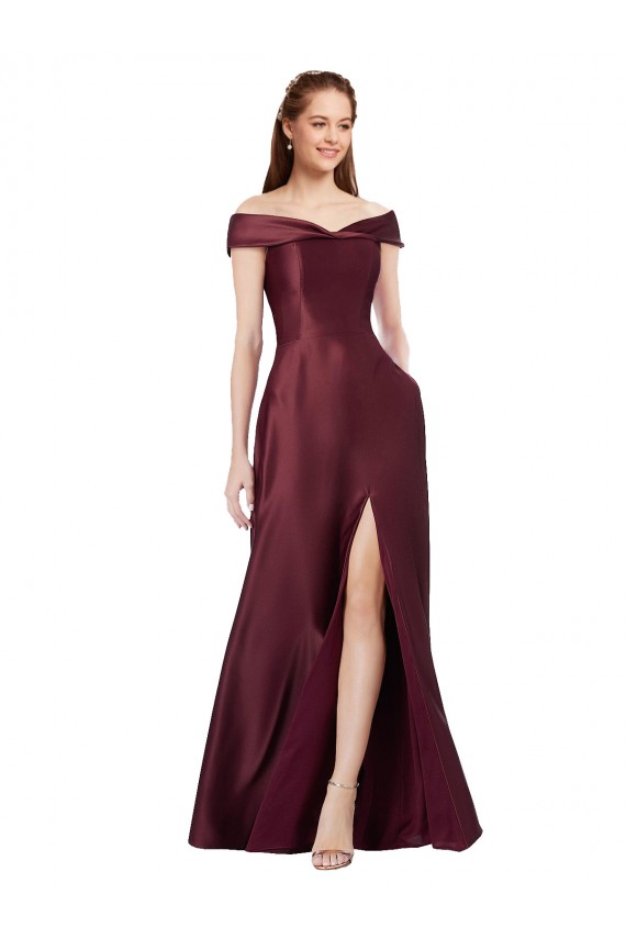 Long Off the Shoulder Satin Formal Dress with Thigh-high Slit UK