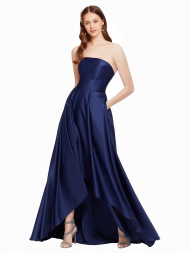 High Low Strapless Satin Formal Dress with Pockets UK