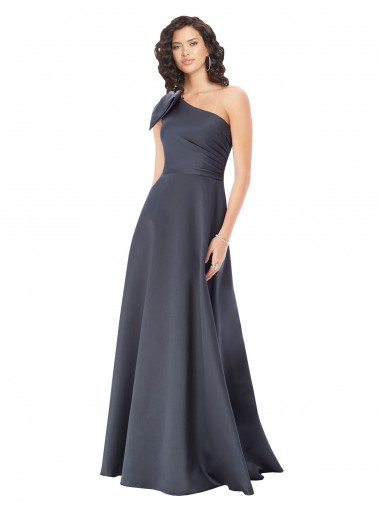 Rouched One Shoulder Floor Length Satin Formal Dress with Bow UK