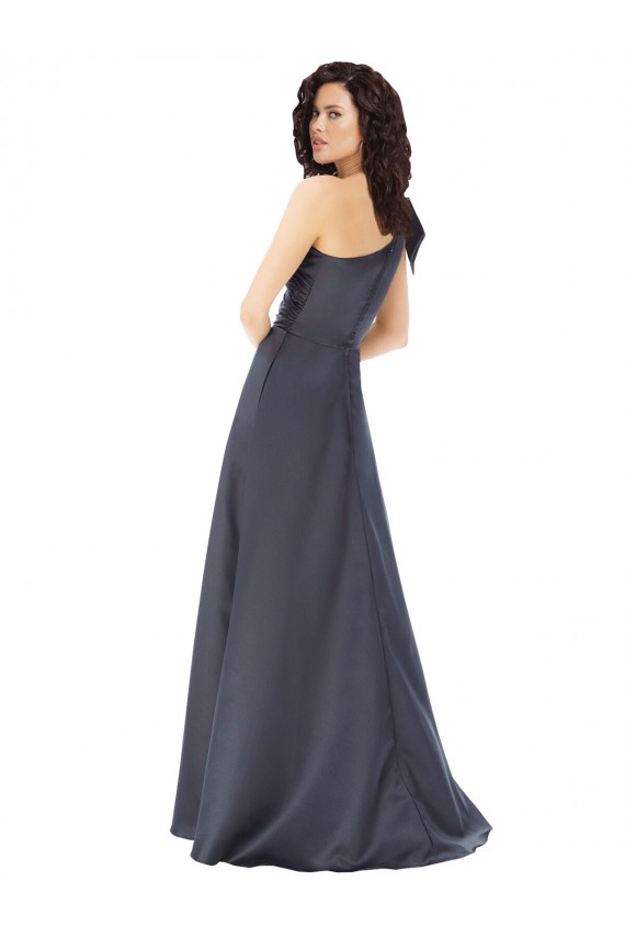 Rouched One Shoulder Floor Length Satin Formal Dress with Bow UK
