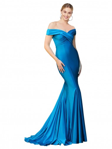 Off the Shoulder Long Chapel Train Satin Formal Dress UK