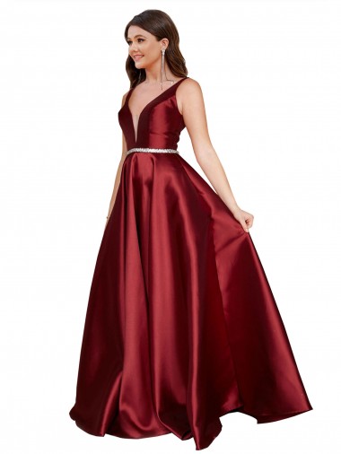 Sleeveless Deep V-Neck A-Line Satin Formal Dress with Pockets UK