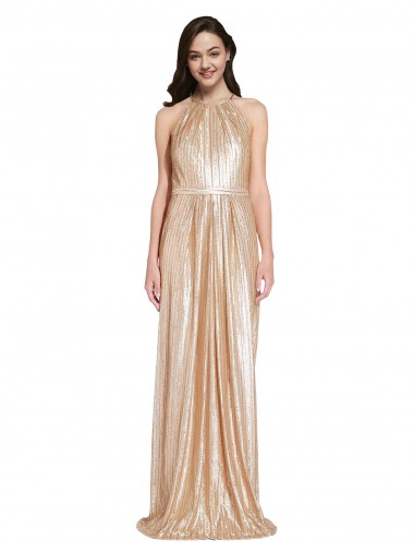 Floor Length Halter Neck Sparkling Sequin Formal Dress with Pleats UK