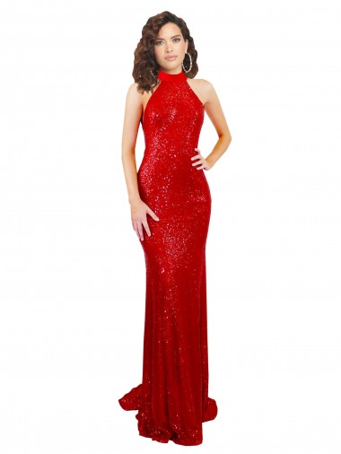 Halter High Neck Mermaid Open Back Sequin Formal Dress UK