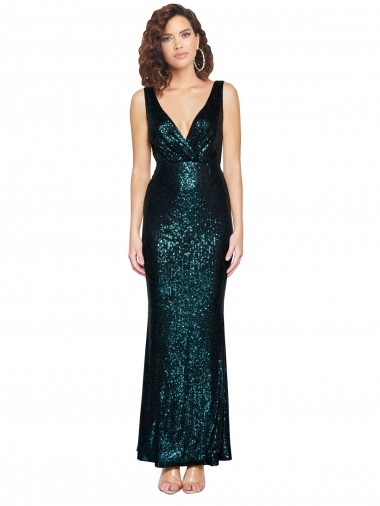 V-Neck Full Length Sequin Formal Dress with Draped Back UK
