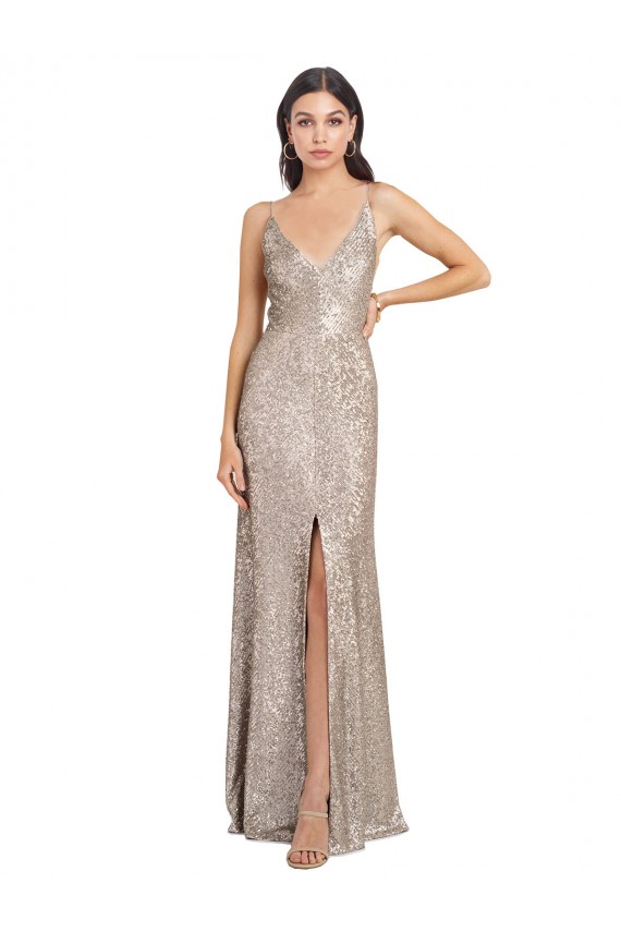 V-Neck Fully Sequin Formal Dress with V-Back and Front Slit UK