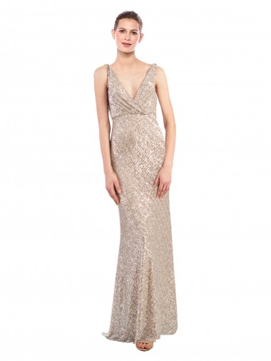 Faux Surplice V-Neck Slim Sparkling Sequin Formal Dress UK