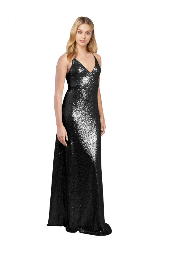 Full Length A-Line Sequin Formal Dress with Spaghetti Straps V-Neckline UK