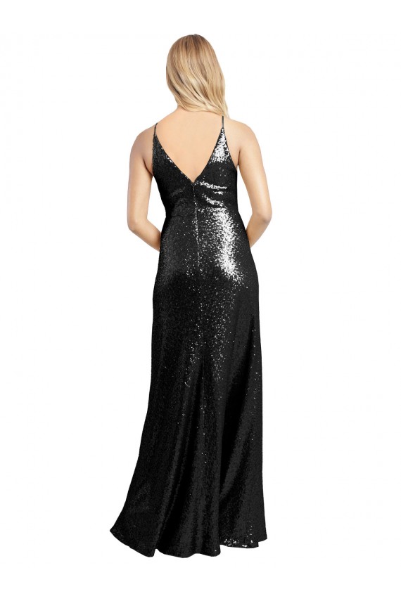 Full Length A-Line Sequin Formal Dress with Spaghetti Straps V-Neckline UK