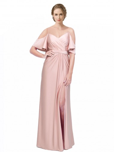 Draped Cold Shoulder Sleeves Long Silky Satin Formal Dress with Slit and Tie Back UK