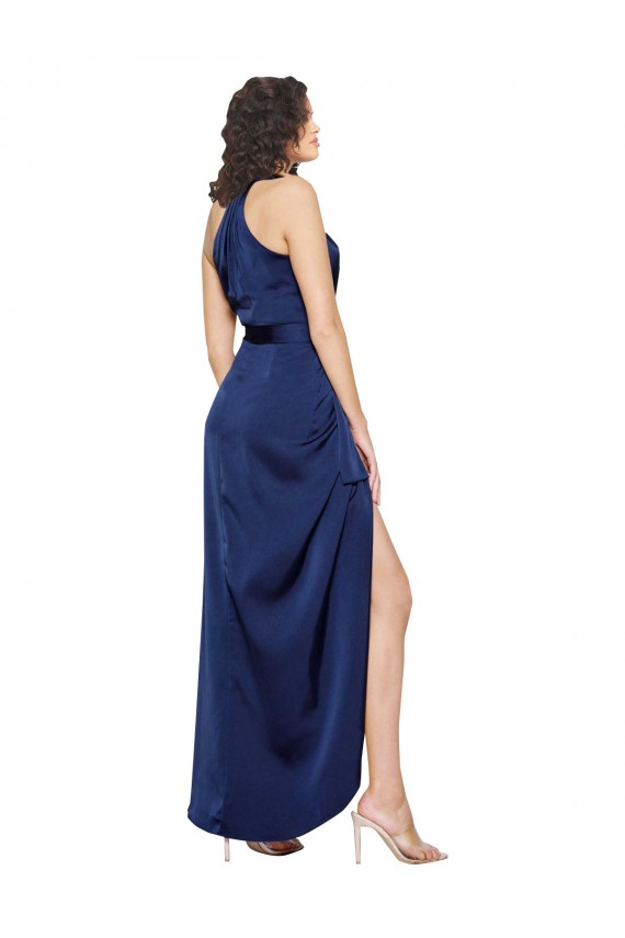 Full Length High Neck Wrap Silky Satin Formal Dress with Waist Tie UK