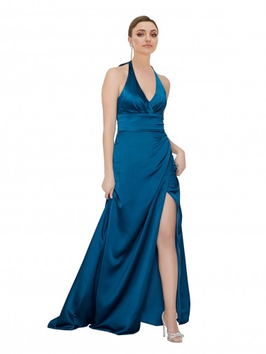 Halter Neck Silky Satin Formal Dress UK