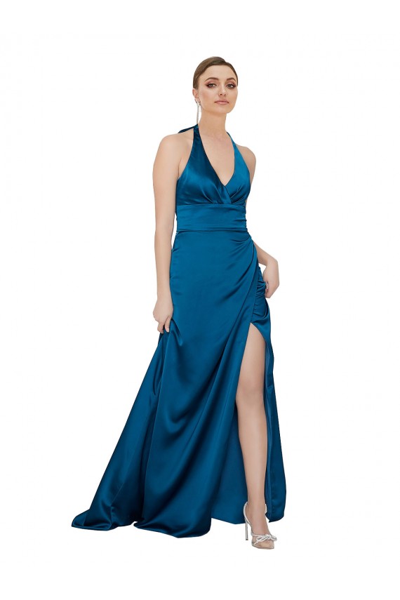 Halter Neck Silky Satin Formal Dress UK