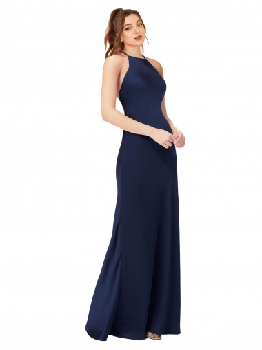 High Neck Satin Formal Dress with Strappy Back UK