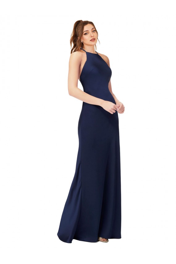 High Neck Satin Formal Dress with Strappy Back UK