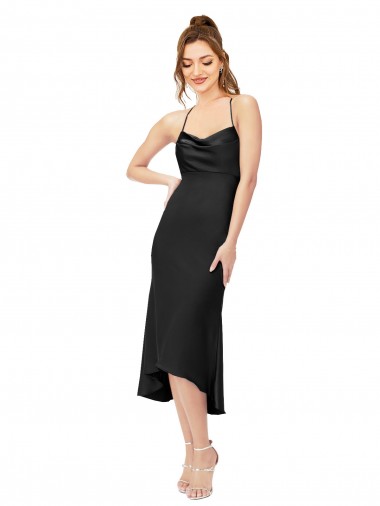 High Low Silky Satin Cowl Neck Midi Length Cocktail Formal Dress UK
