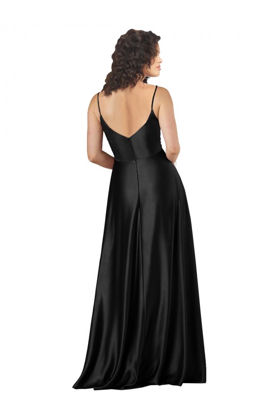 Full Length V-Neckline Silky Satin Formal Dress with Full Skirt UK
