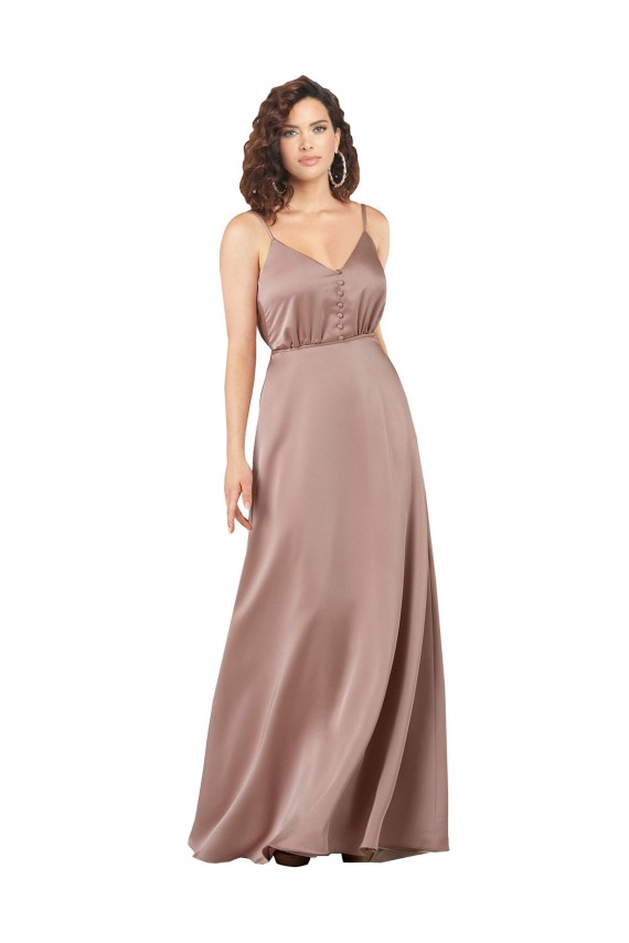 Subtle V-Neckline Silky Satin Formal Dress with Front Button Detail UK