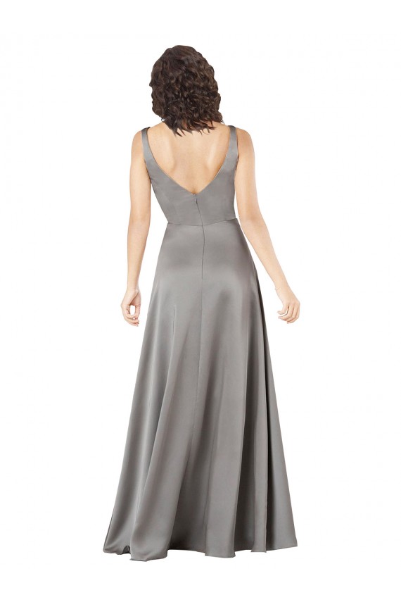 Plunging V-Neckline Long A-Line Silky Satin Formal Dress UK