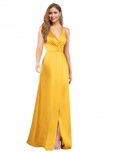 Halter A-Line Silky Satin Formal Dress with V-Neckline and Slit UK