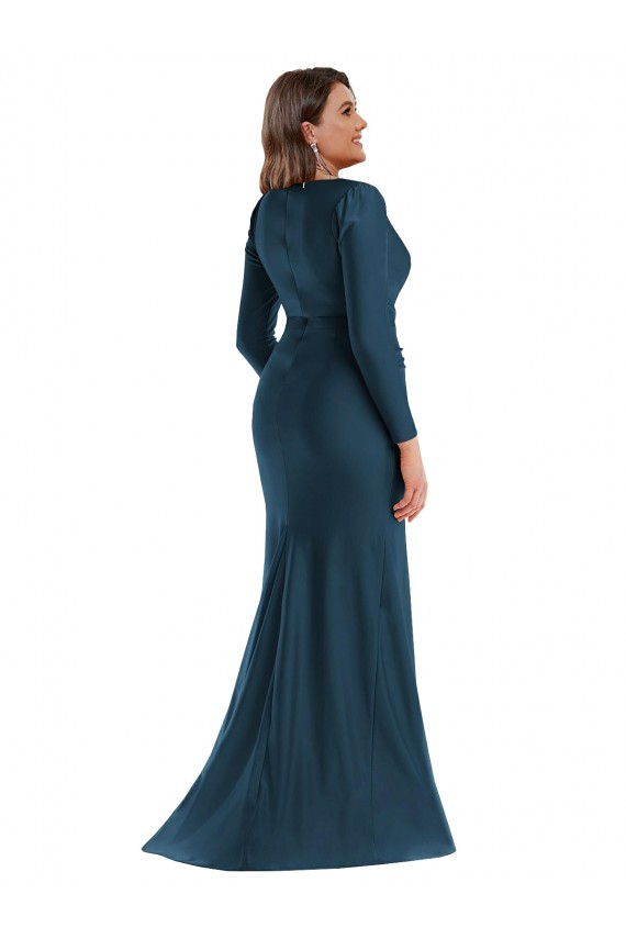 Long Sleeves Draped Wrap Silky Satin Mermaid Formal Dress with Front Slit UK