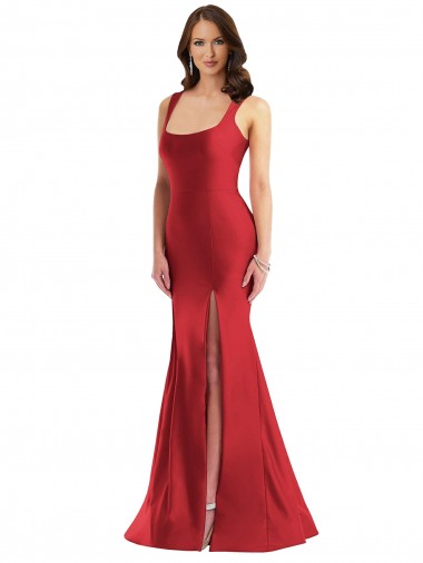 Square Neck Silky Satin Mermaid Formal Dress with Side Slit UK