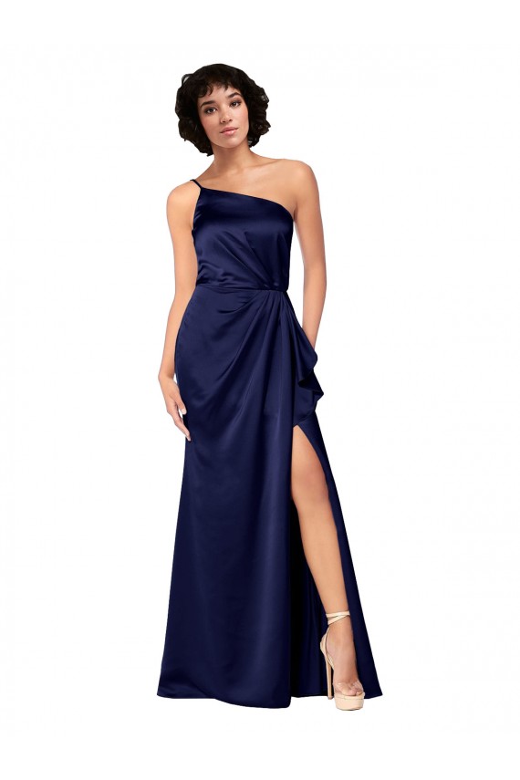 One Shoulder Silky Satin Formal Dress with Skirt Slit UK