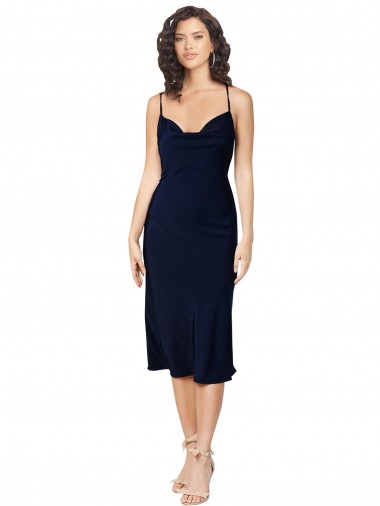 Short Midi Length Silky Satin Cocktail Formal Dress with Cowl Neck and Cross Back Straps UK
