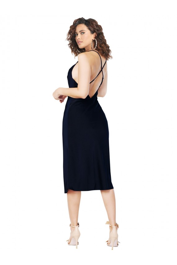 Short Midi Length Silky Satin Cocktail Formal Dress with Cowl Neck and Cross Back Straps UK
