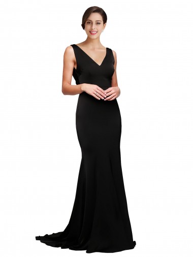 V-Neck Full Length Silky Satin Formal Dress with Soft Cowl Neck and Sweep Train UK