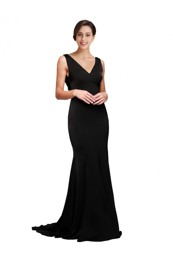 V-Neck Full Length Silky Satin Formal Dress with Soft Cowl Neck and Sweep Train UK
