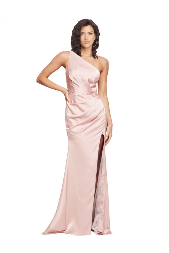 Full Length Ruched Silky Satin Formal Dress with Low Back and High Split UK