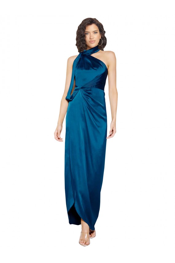 High Halter Neck Silky Satin Formal Dress with Sash Overlay and Side Split UK