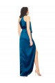 High Halter Neck Silky Satin Formal Dress with Sash Overlay and Side Split UK
