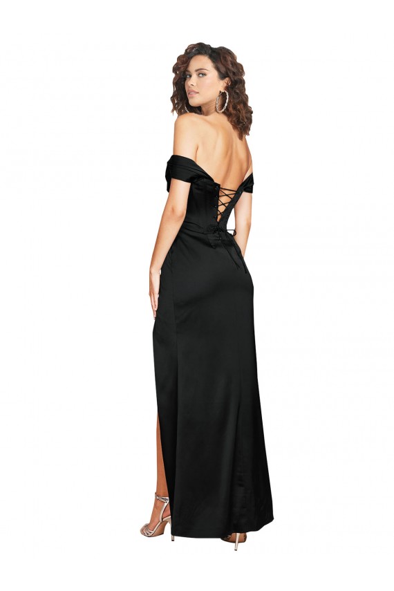 Fitted Sweetheart Neckline Silky Satin Formal Dress with Off the Shoulder Sleeves and High Slit UK