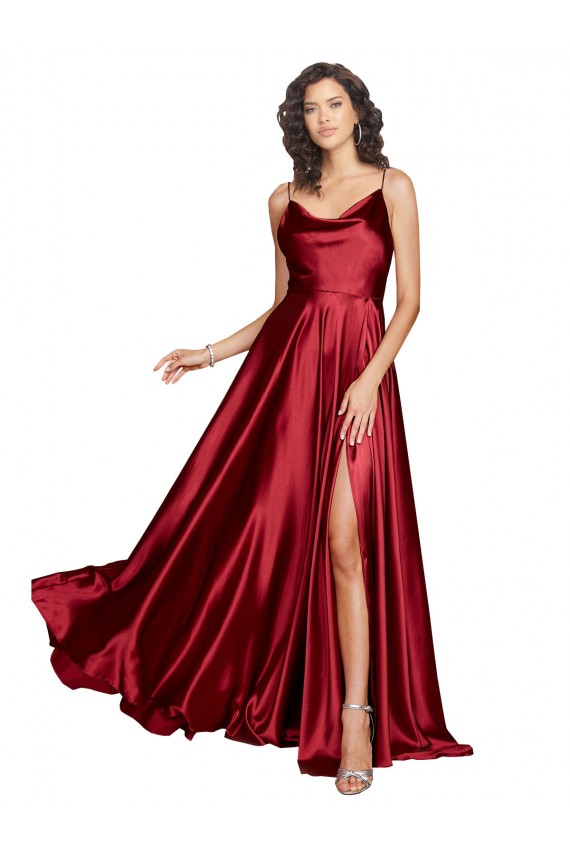 Cowl Neckline Long Silky Satin Formal Dress with Spaghetti Straps UK