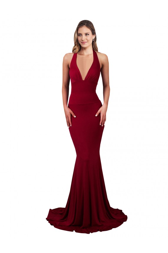 Halter Mermaid Plunge V-Neckline Open Back Bow Tie Spandex Formal Dress UK