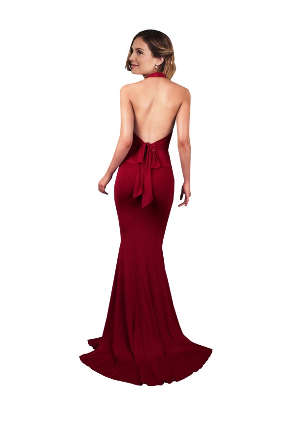 Halter Mermaid Plunge V-Neckline Open Back Bow Tie Spandex Formal Dress UK